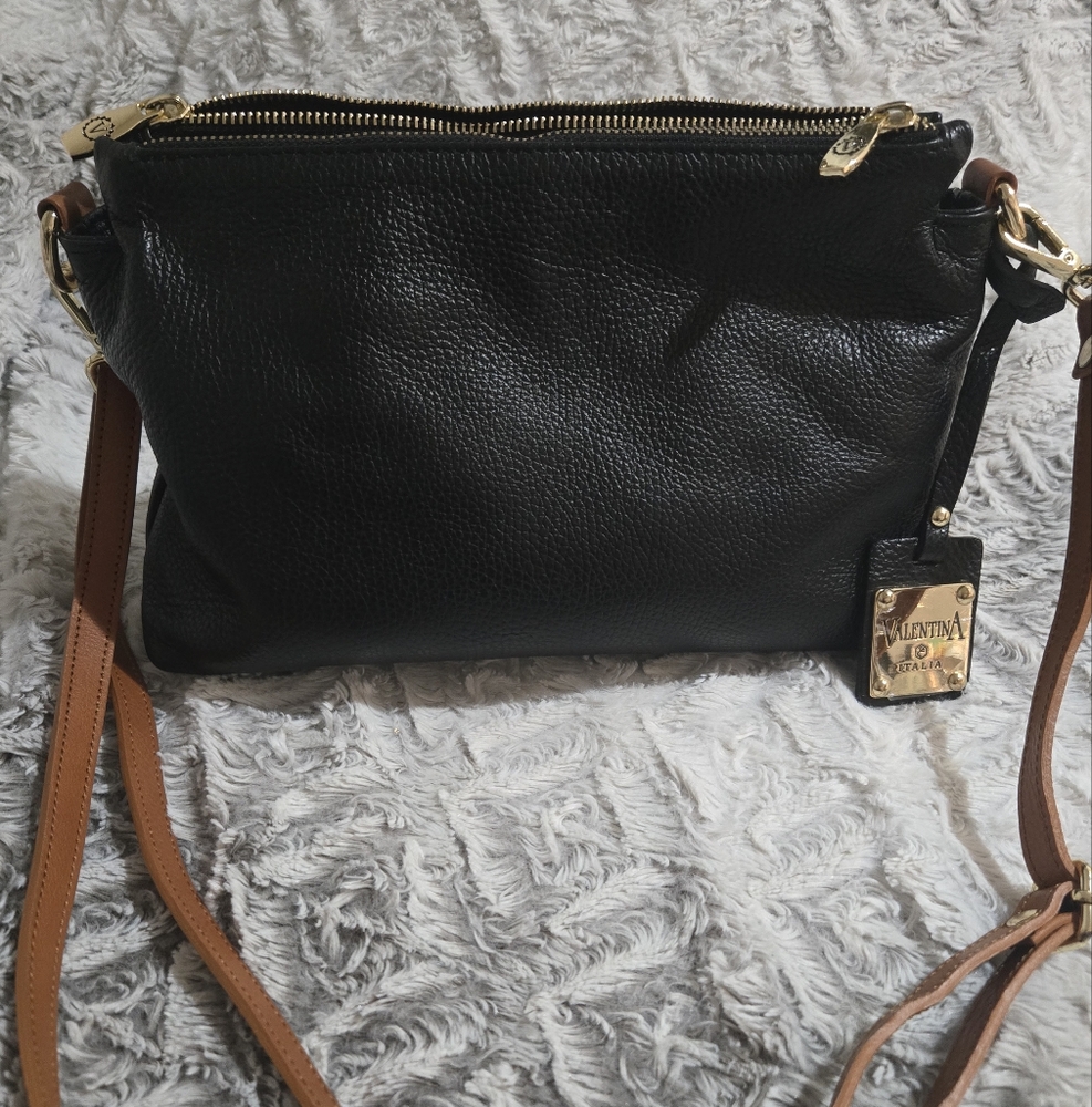 Valentina Black Pebbled Soft Italian Leather Crossbody Bag
